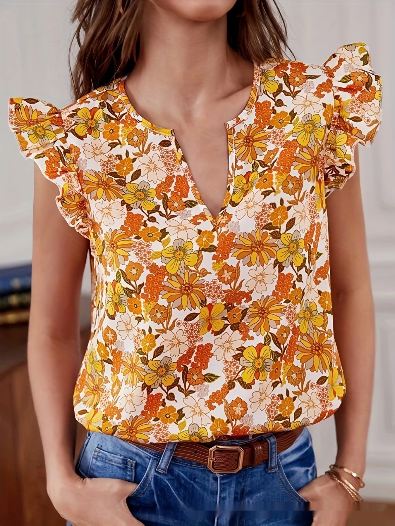 Temperament Commute Loose Casual Ruffle Sleeve Floral Blouse