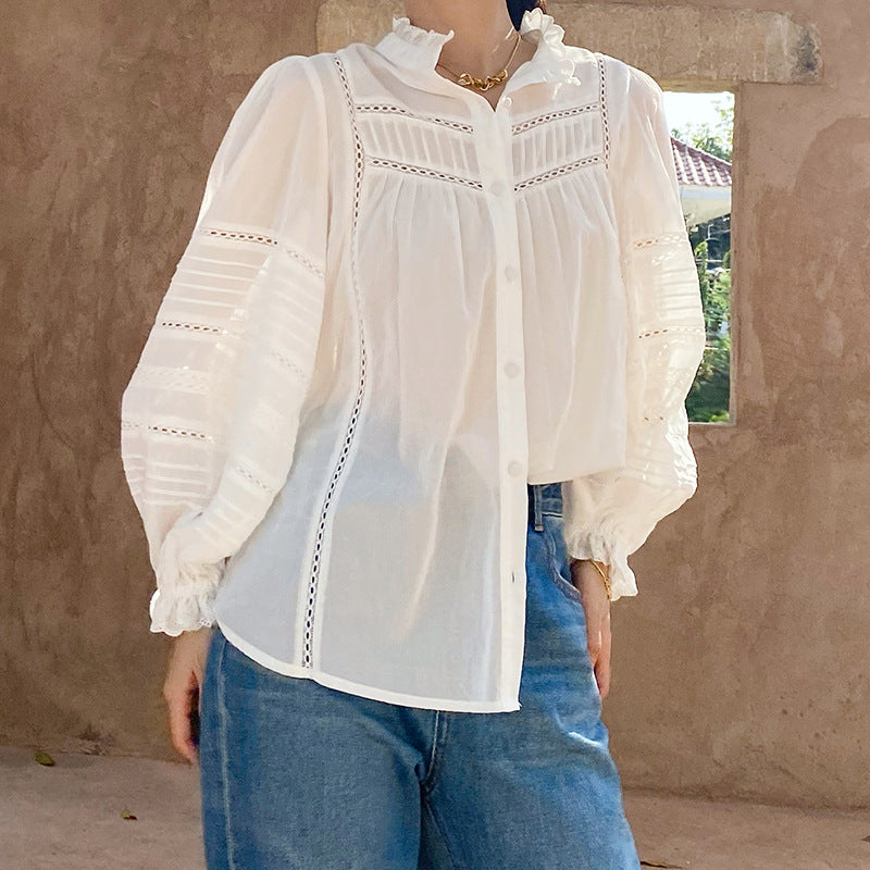 French Style White Shirt Women's Long Sleeve Elegant Cotton Loose