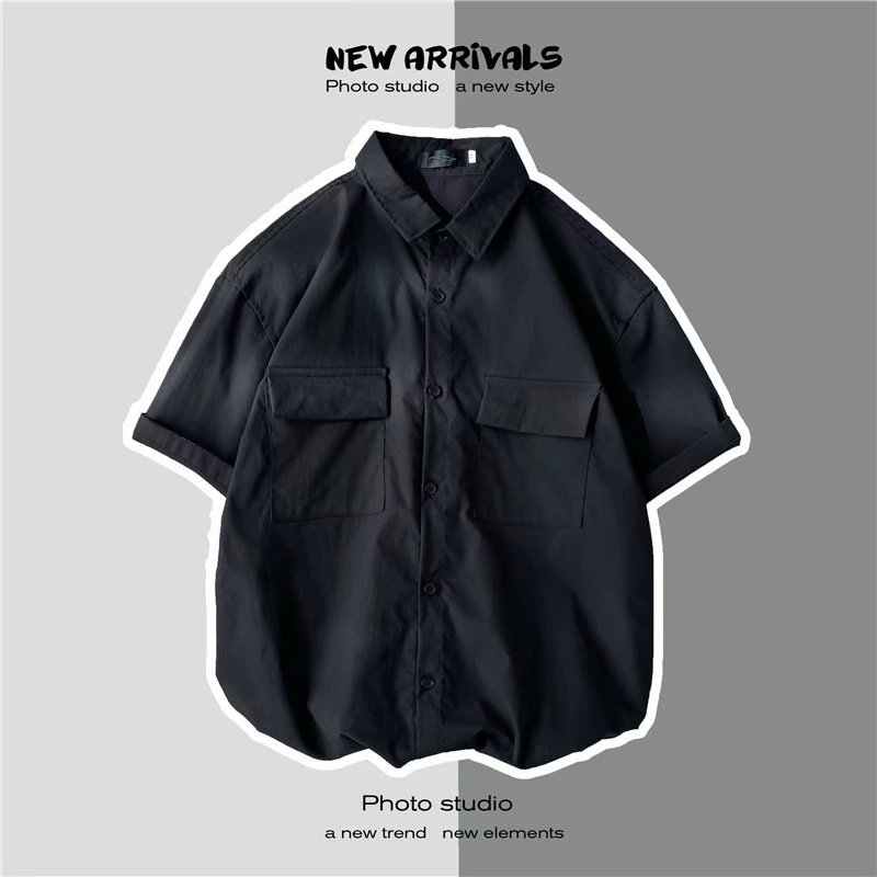 Hong Kong Style Loose Men's Summer Short Sleeve Shirt Overalls