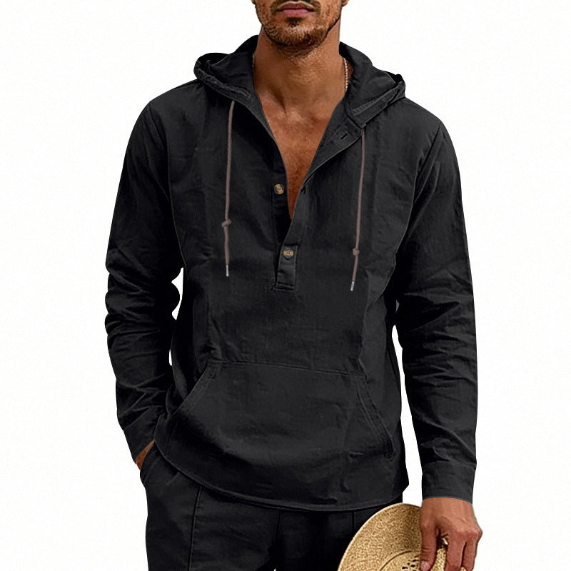 Linen Breathable Casual Mens Long-Sleeve Hooded Shirt