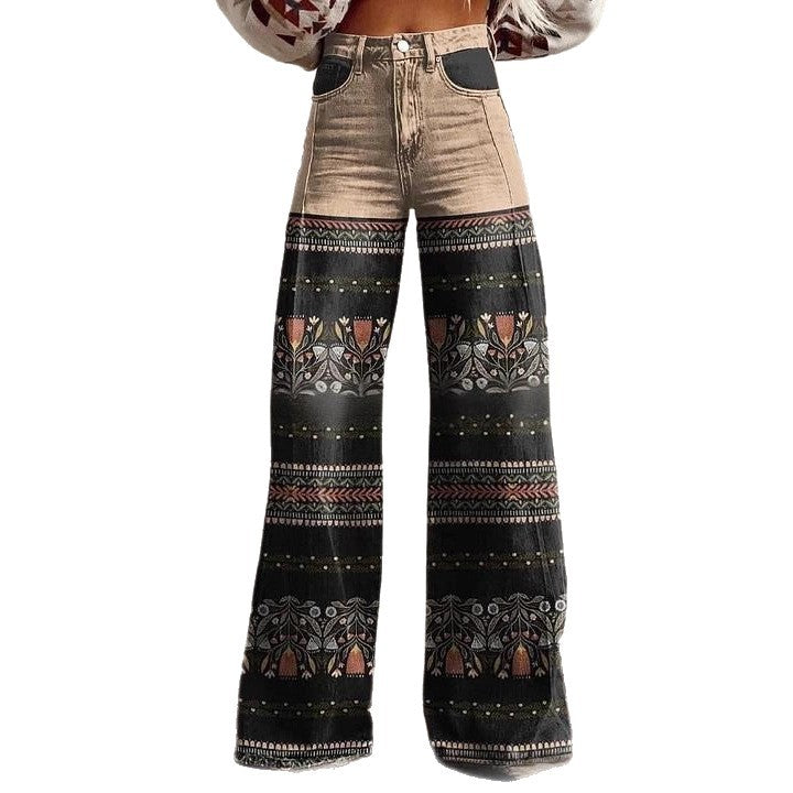 printed Retro Sunflower Guitar Art-style Womens Wide-leg Flared Denim Jeans 3D