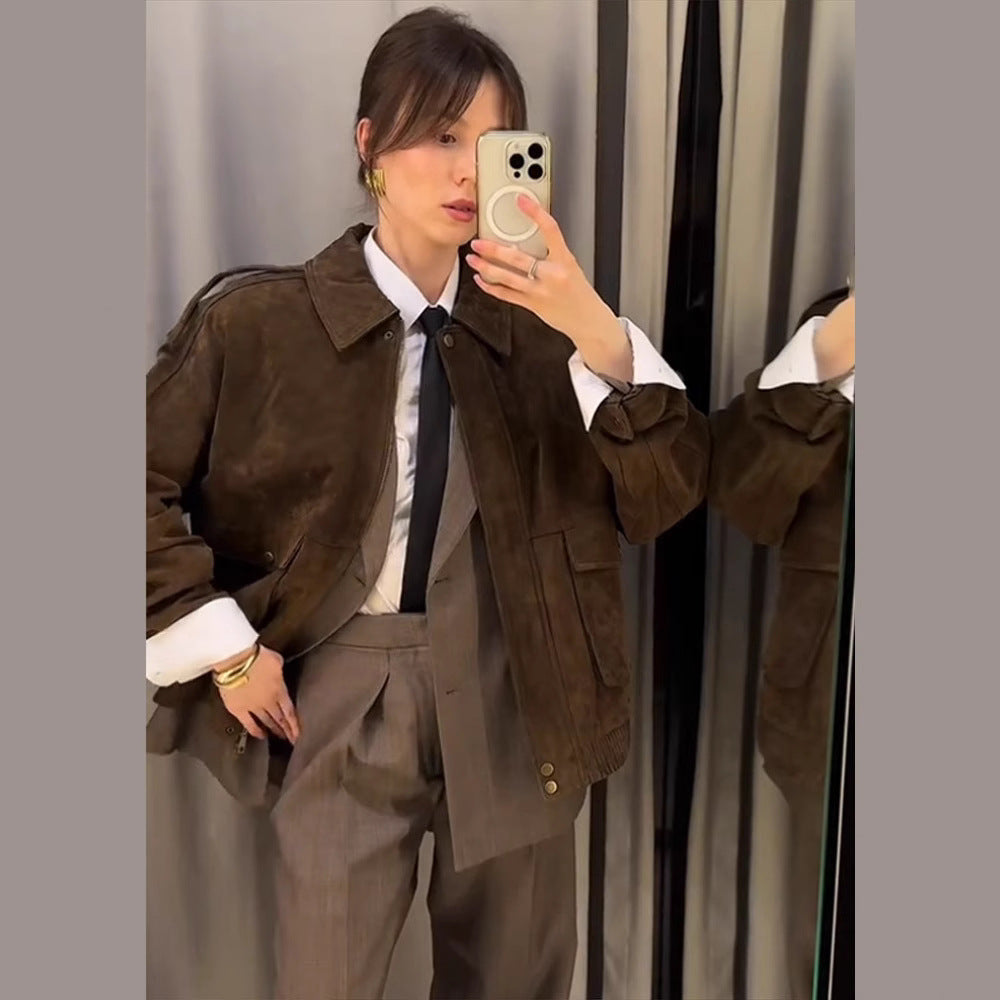Women's Spring Clothing Personality Retro Suede Fabric Jacket Short Coat