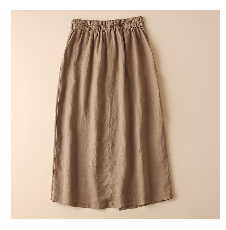 Women Elastic Waist Linen Knee-length A-line Skirt