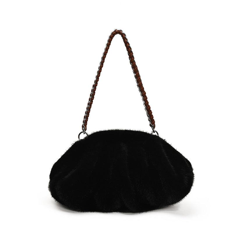 Faux Mink Fur Pleated Cloud Plush Shoulder Bag
