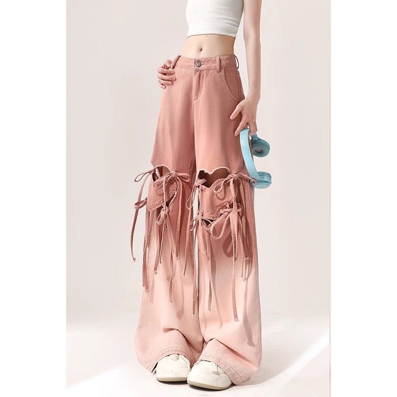 Plump Girls Design Sense Hollow-out Ripped Lace-up Jeans