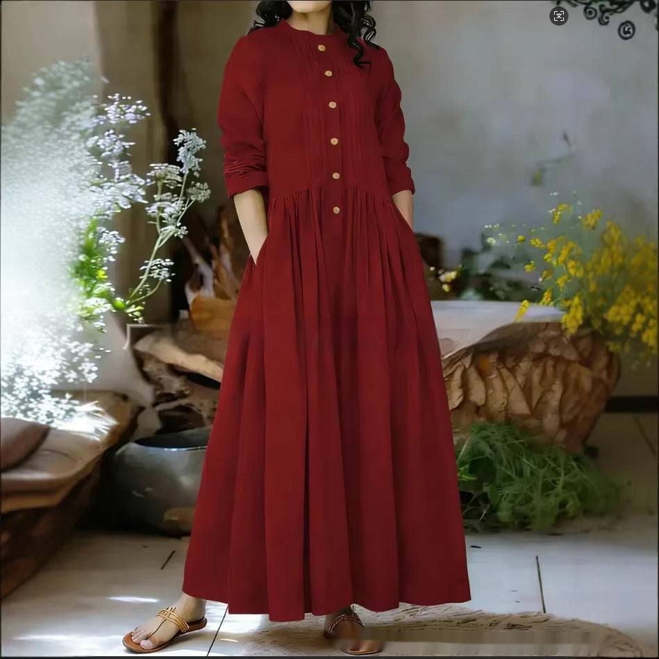 Womens Solid-Colored Stand-Up Collar Long-Sleeve Loose A-Line Dress