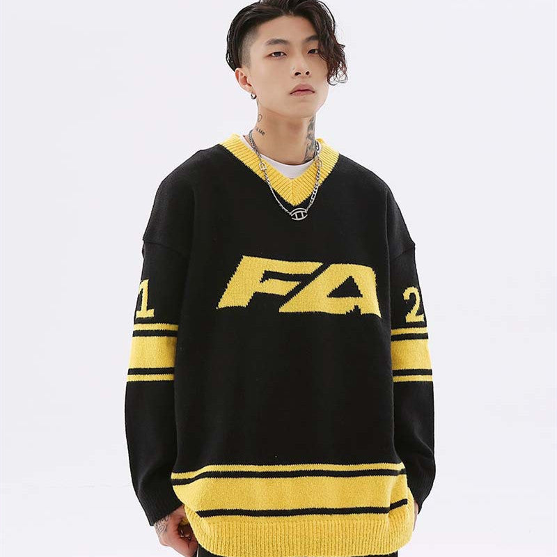 Alphanumeric Jacquard Colour Blocked Long Sleeve Jumper For Men