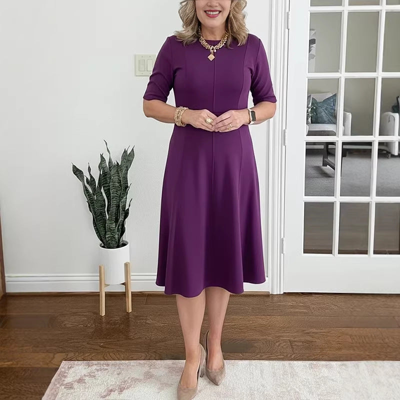 Womens Solid-Color Crew-Neck Short-Sleeve Dress