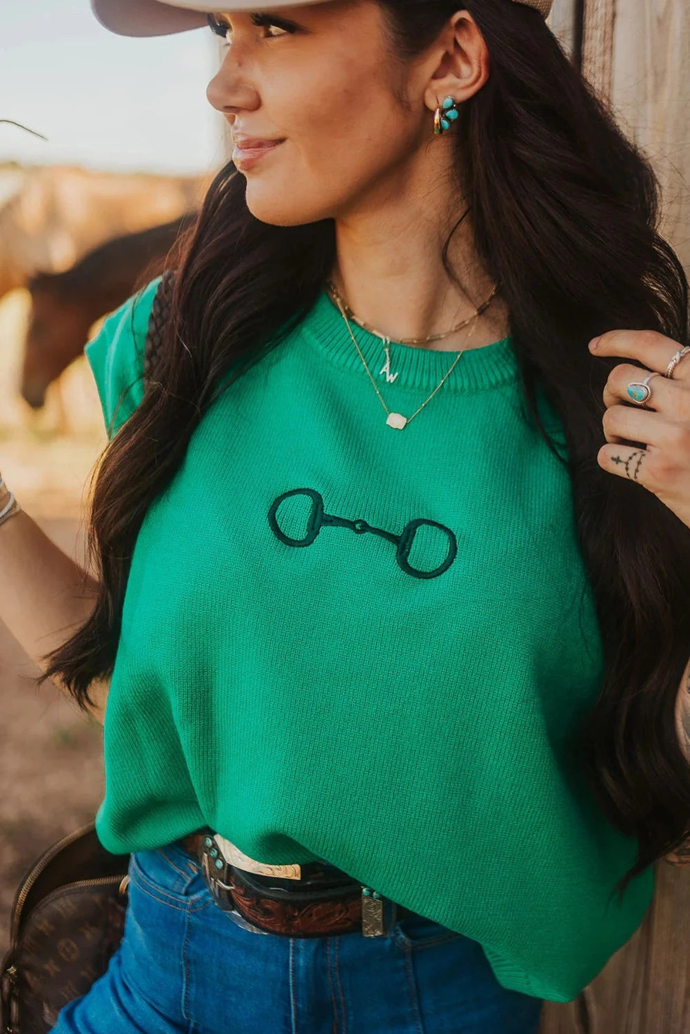 Bright Green Horsebit Embroidery Loose Sweater With Short Sleeves