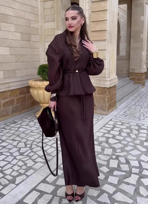 V-Neck Cardigan & High-Waist Skirt 2-Piece Set
