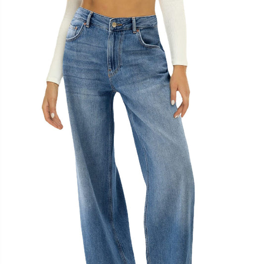 Dame Løse Jeans med Brede Ben Ensfarvede Afslappede Alsidige Denim Bukser