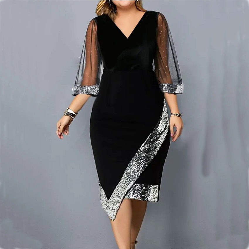 Irregular Sequin Perspective Mesh Women's Dress