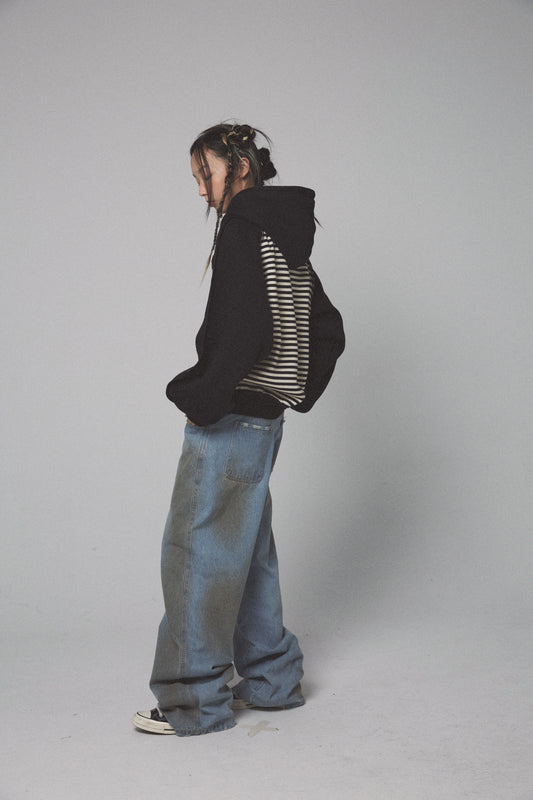 Loose Fleece Embroidered Hooded Panel Striped Long Sleeve Sweater Jacket