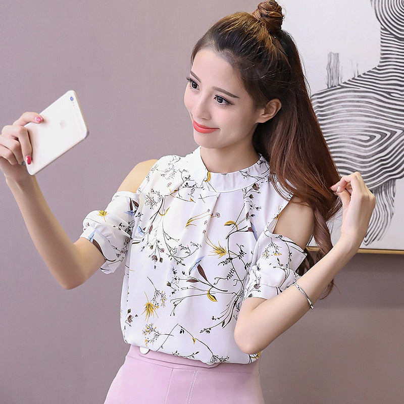 Summer Off-the-shoulder Top Half Sleeve Floral Chiffon Shirt Short Sleeve