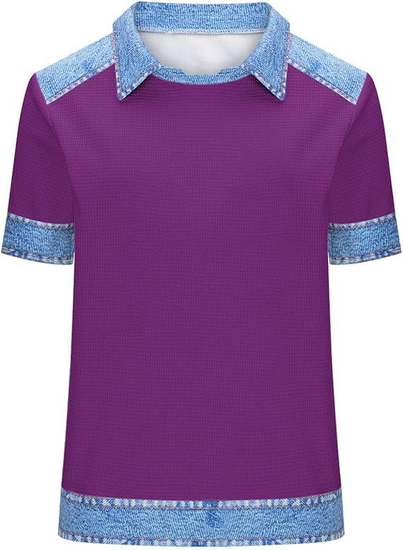 Denim Patchwork Crew Neck Short-sleeve Loose Casual Everyday Versatile