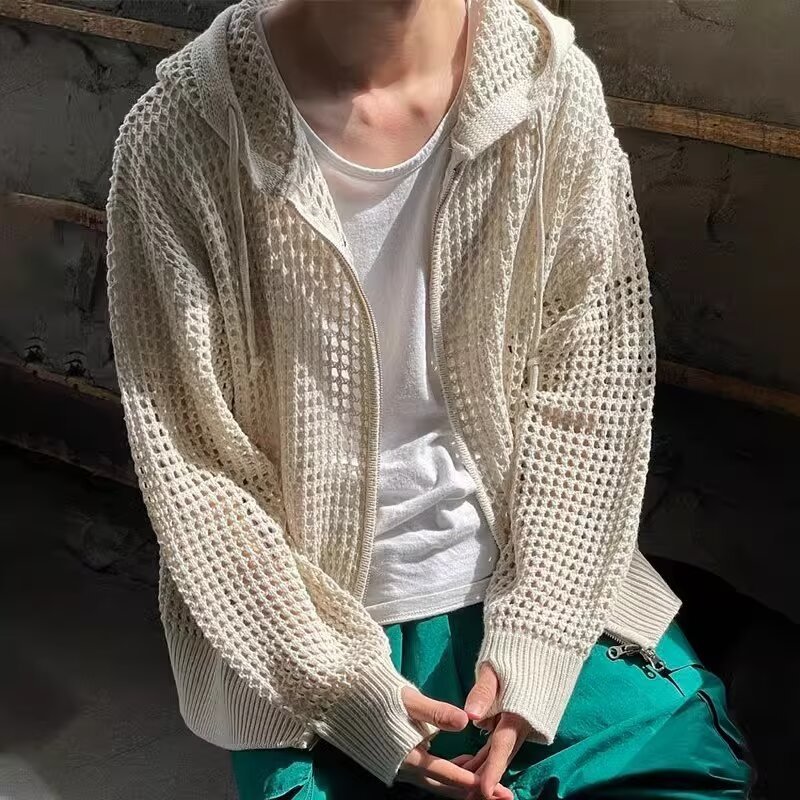 Hollow-out Hooded Knitted Sweater Men's Coat