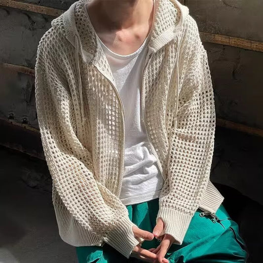 Udhulet Strikket Sweater med Hætte til Mænd