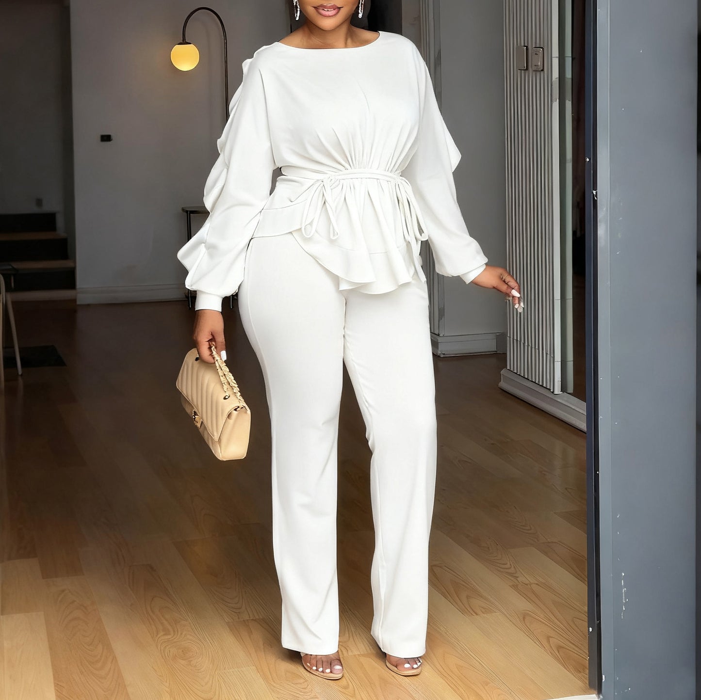 Ruffled Drawstring Long Sleeve Waist-controlled Top Pants