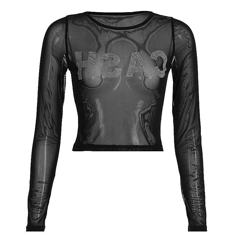 Summer Women's Cash Letter Crew Neck Mesh Long-sleeved T-shirt Top