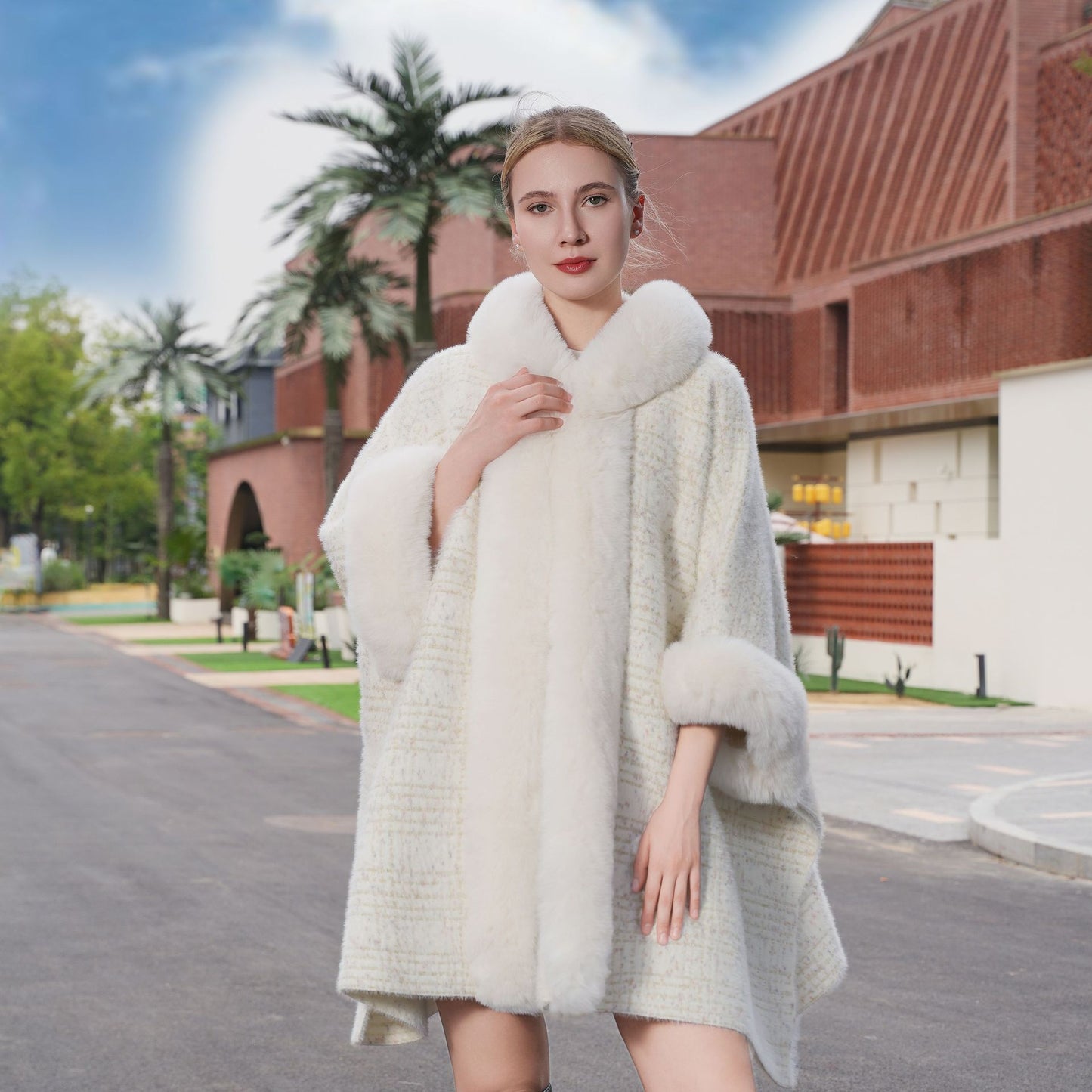 Warm Fur Collar Cardigan Mid-length Loose Thick Coat Dress And Cheongsam All-match Hooded Fur Shawl