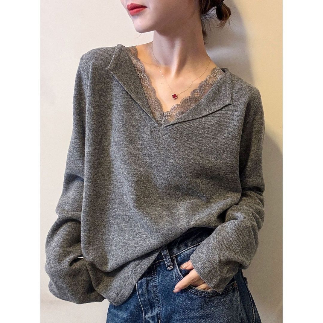 Lace-trimmed Knit Sweater A Stylish Versatile Piece That Exudes Elegance