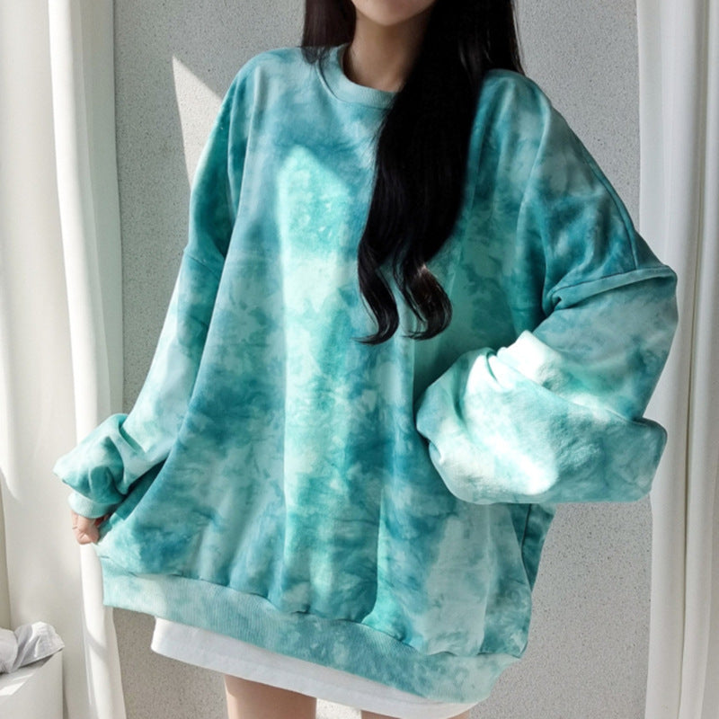 Tie-dye Sweater Dame Bomuld Løs Koreansk Top All-match Bogstaver Forår Og Efterår