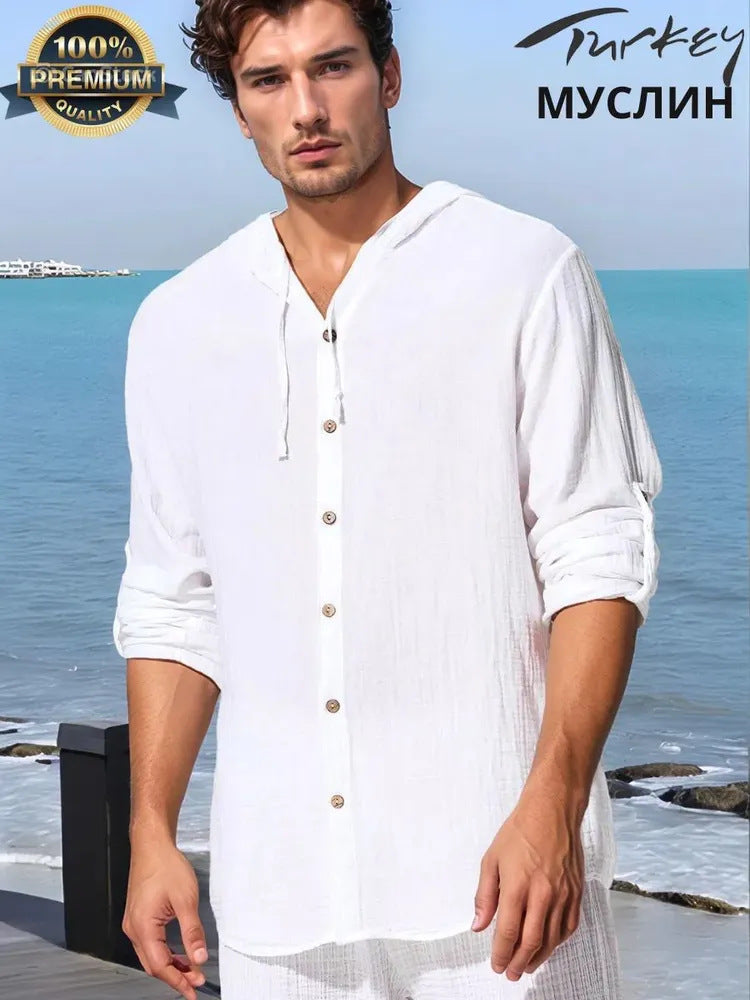 Men's Solid-Colored Long-Sleeve Cardigan Hoodie Cotton Shirt