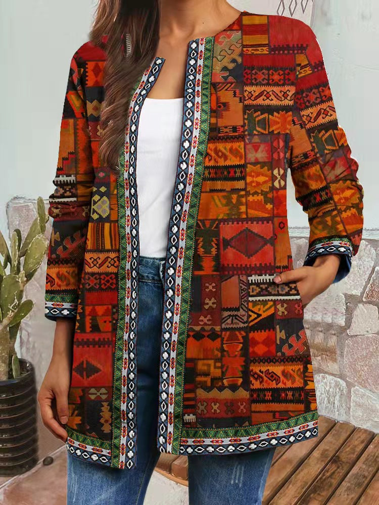 Plus-size Retro Ethnic-style Printed Coat Jacket Cardigan For Women