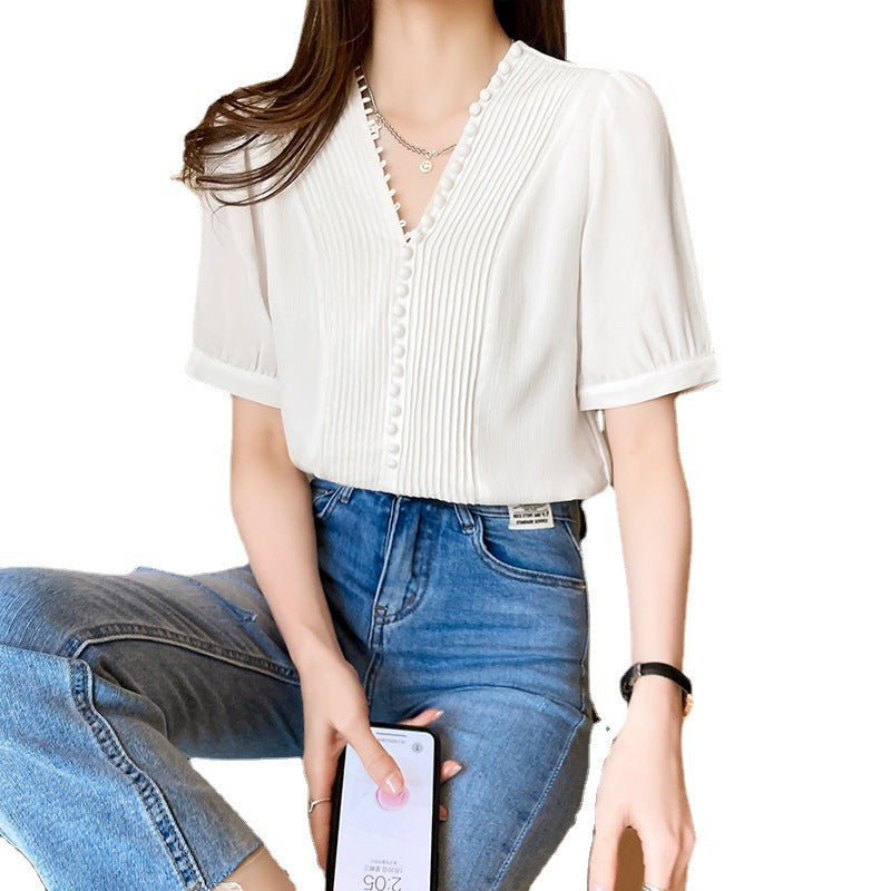 Women's Design V-Neck Western Chiffon Shirt With Short Sleeves