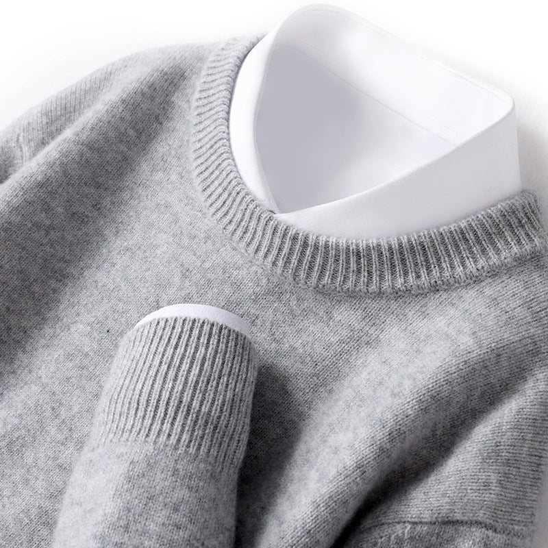 Mænds tykke pullover fåreuldssweater løs rundhals ensfarvet sweater