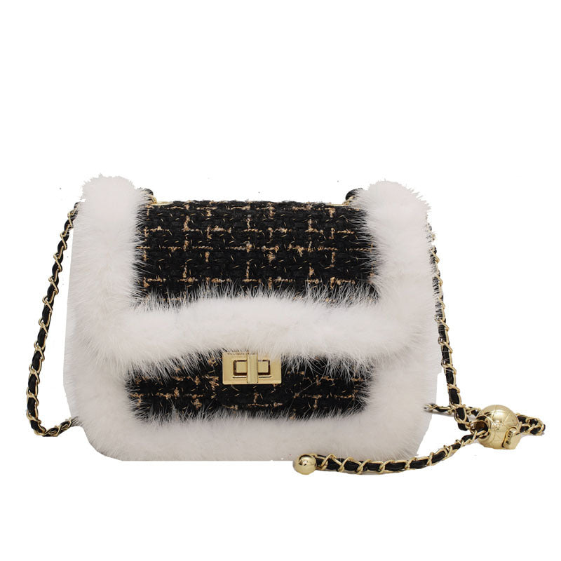 Checked Plush Side Small Gold Bead Metal Small Square Bag