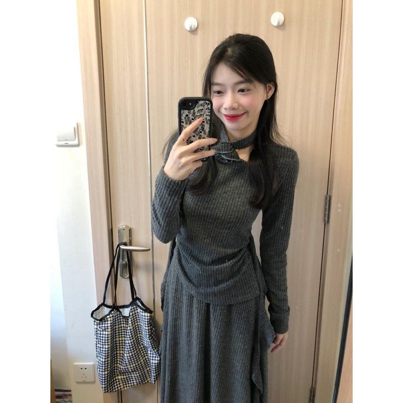 Lady's High-end Irregular Knit Top And Skirt Set