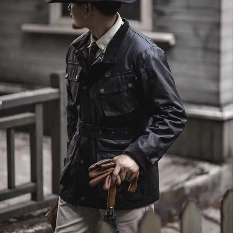 Oilvoksjakke Trench Retro Biker Vandtæt Frakke til Mænd