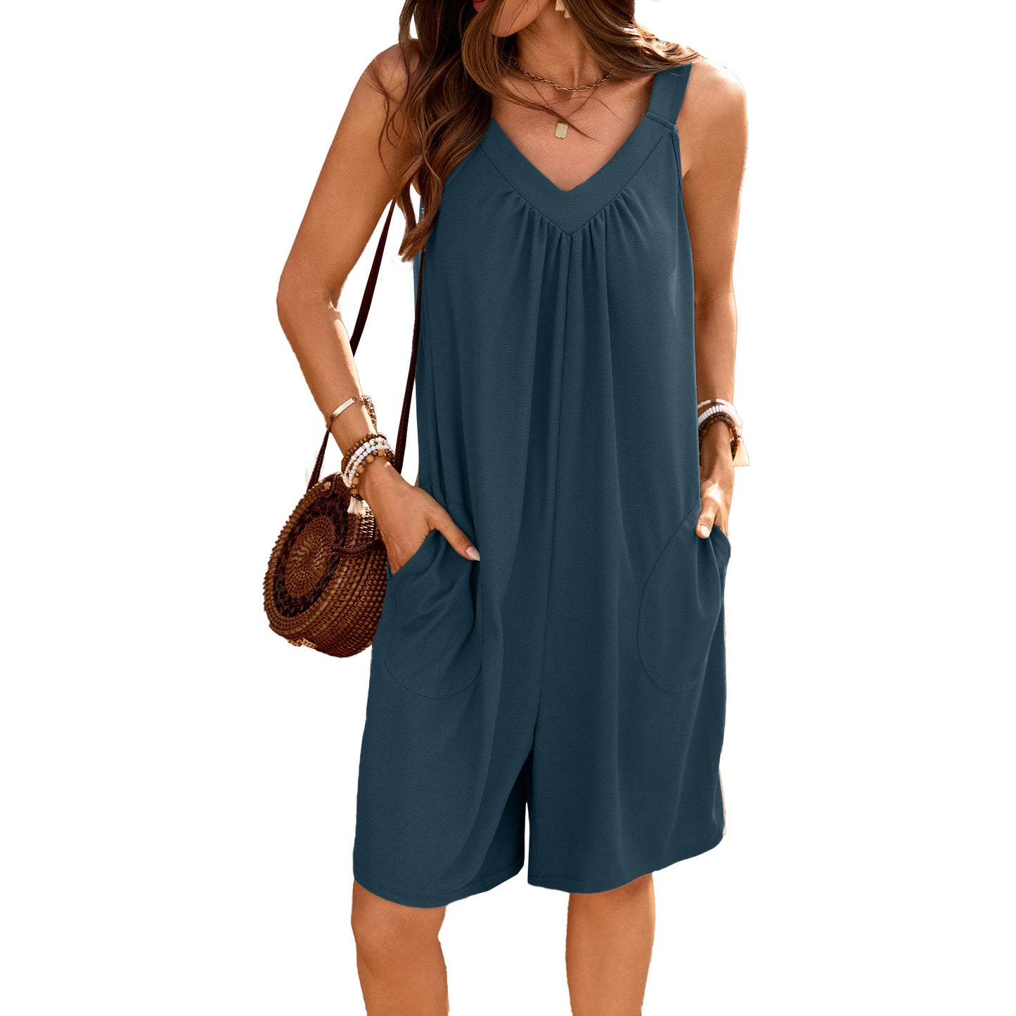 Solid-color V-neck Loose-fit Sleeveless Jumpsuit With Pockets