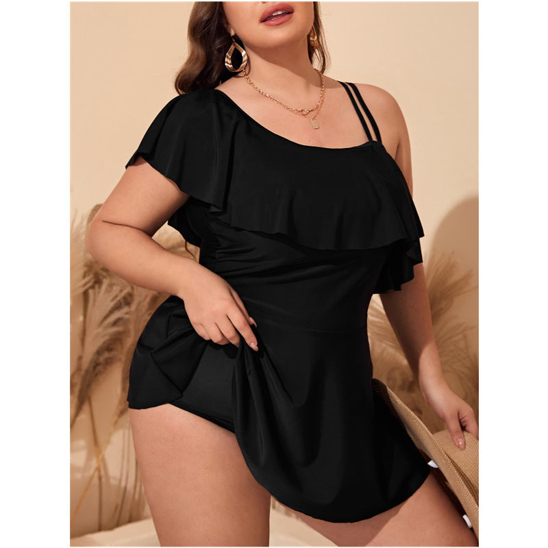 Skirt Plus Size Split Swimsuit Solid Color One Shoulder Ruffled Bikini
