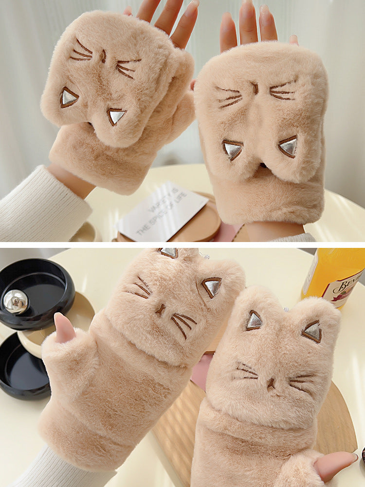 Women's Cold-proof Warm Flip Half Finger Cartoon Cute Plush Gloves