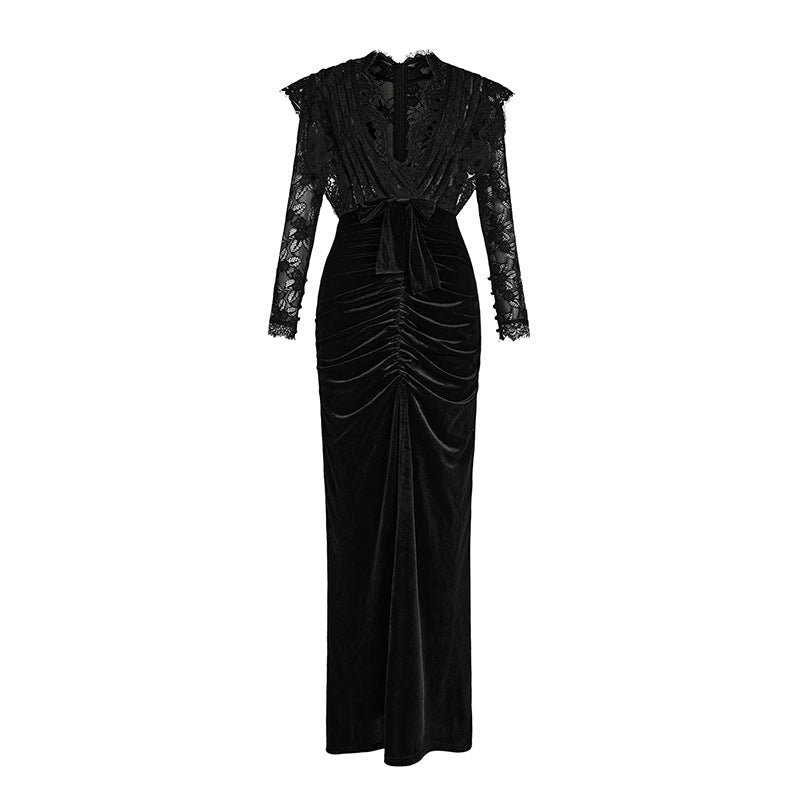 Elegant Black Lace-trimmed Cinched-waist Pleated Dress