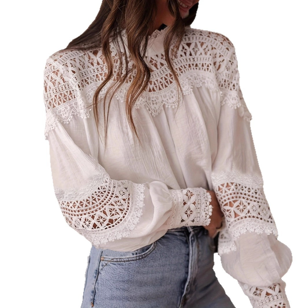 Womens Solid-Color Crochet Hollowed-Out Flare-Sleeve Shirt