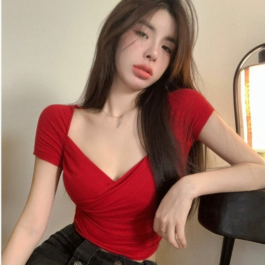 Fashion Pure Sexy Low V-neck Short Top For Women All-matching Slim Fit