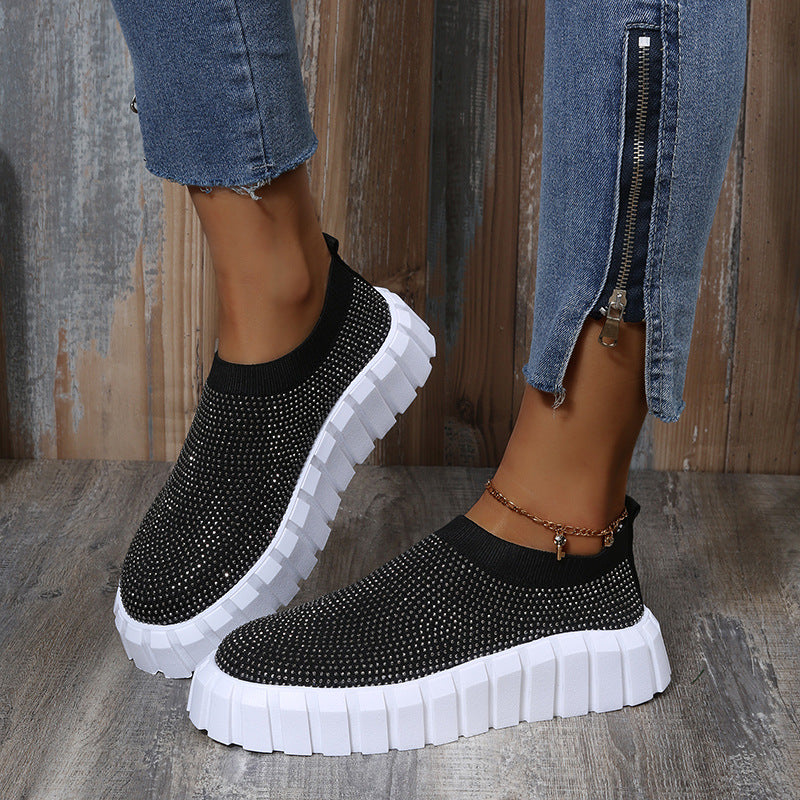 Large Size Thick Bottom Rhinestone Solid Color Mesh Casual Shoes