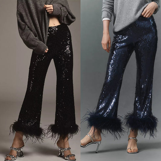 Sequin Fringed Low Rise Slim Fit Pants