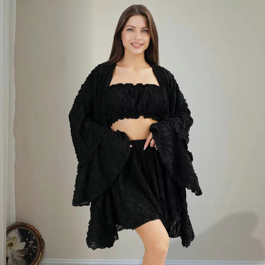 Chic Breathable And Comfortable Long-sleeve Underwear And Shorts Three-piece Set