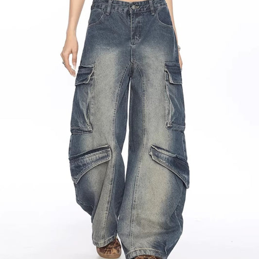 Vaskede denim matchet bukser med flere lommer