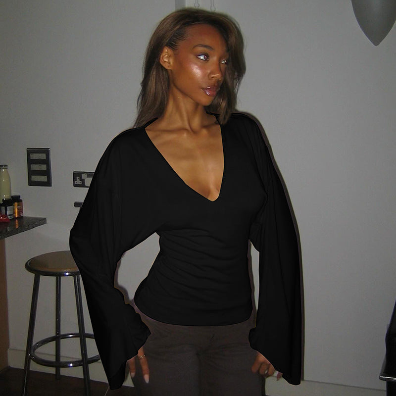 Summer And Autumn New Solid Color And V-neck Flared Long Sleeve Slim Fit