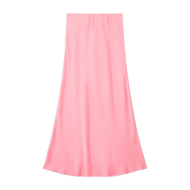 Solid Color Slim Silk Satin Texture Midi Skirt