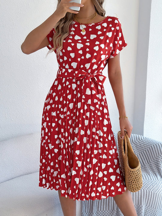 Women's Casual Color Block Heart Print Short Sleeve Tie Waist Pleated Dress