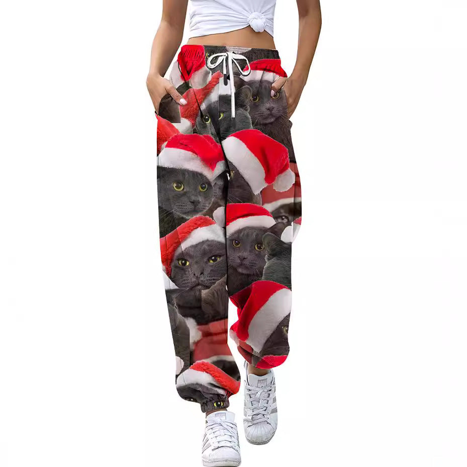 European And American Christmas High Waist Loose 3d Printed Casual Drawstring Women's Sports Casual Pants
