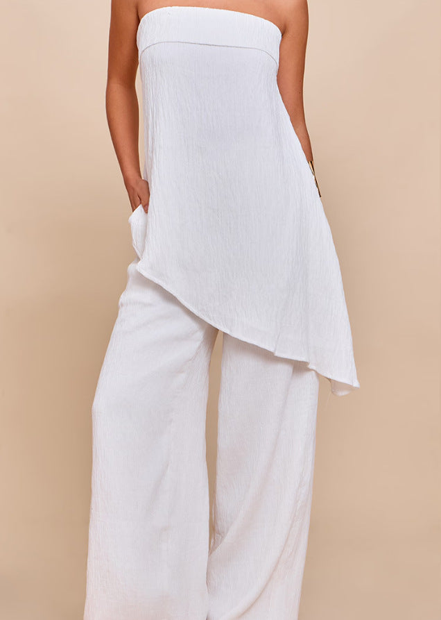 Womens Elegant Sexy Casual Loose Tube Top And Ice Silk Pleated Solid Color Straight Pants Set