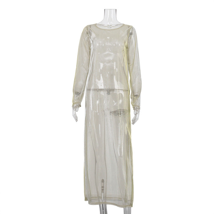 Sexy Sheer Round-Neck Long-Sleeve Split Sun-Protective Dress