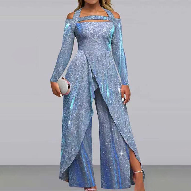 Europæisk og amerikansk mode sexet pailletlang nederdel diagonalt talje temperament pendler jumpsuit
